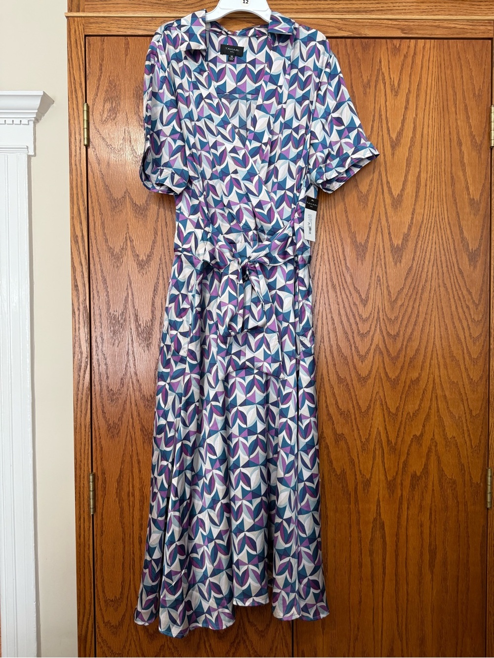 Tahari ASL Geometric Print Wrap Maxi Dress in Purple, Blue & White - Picture 2 of 8